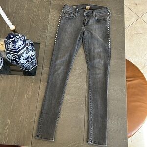Women’s True Religion Jeans, black faded stretch denim w/ silver studs. Size 27